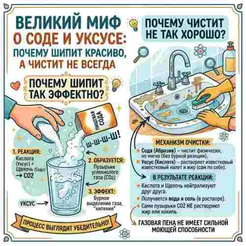 Великий миф о соде и уксусе: почему шипит красиво, а чистит не всегда